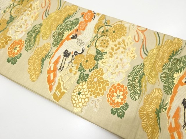 アンティーク　桧扇に鶴・鼓・草花模様織り出し丸帯（材料）